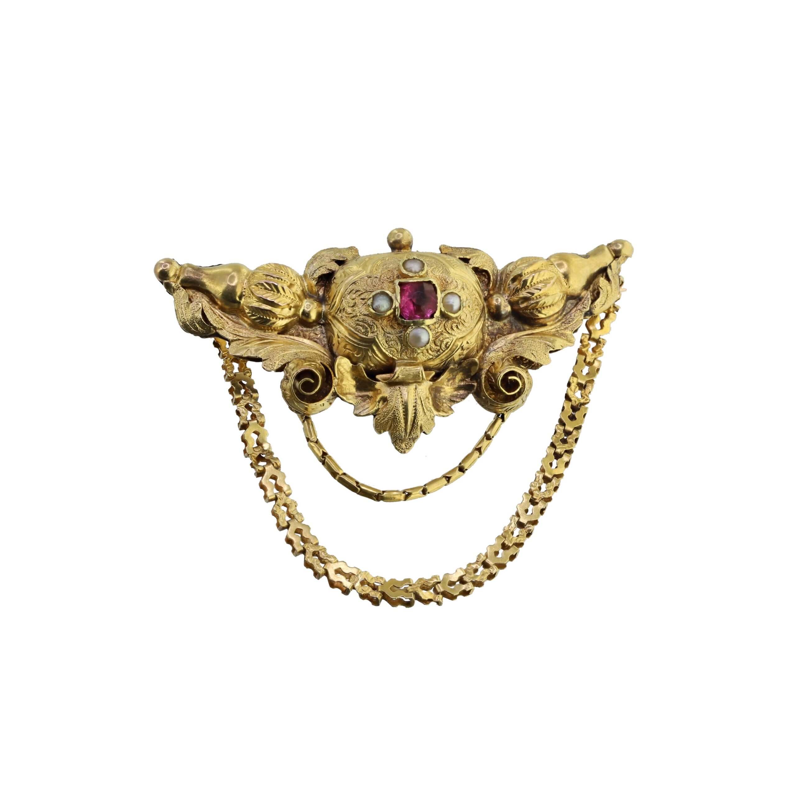 Ruby Pearl Brooch, antique around 1850