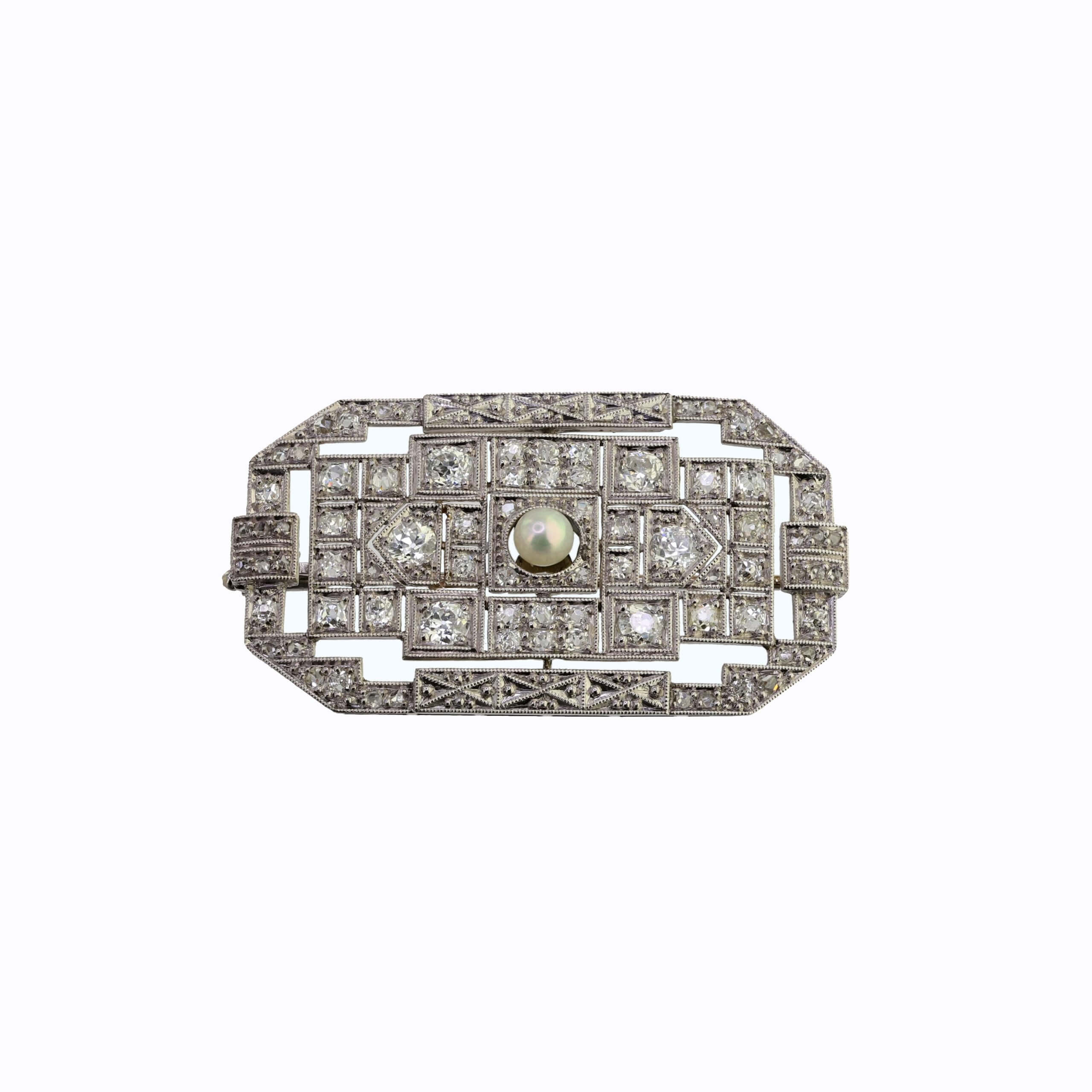 Diamant Perlen Brosche, Art Deco um 1900