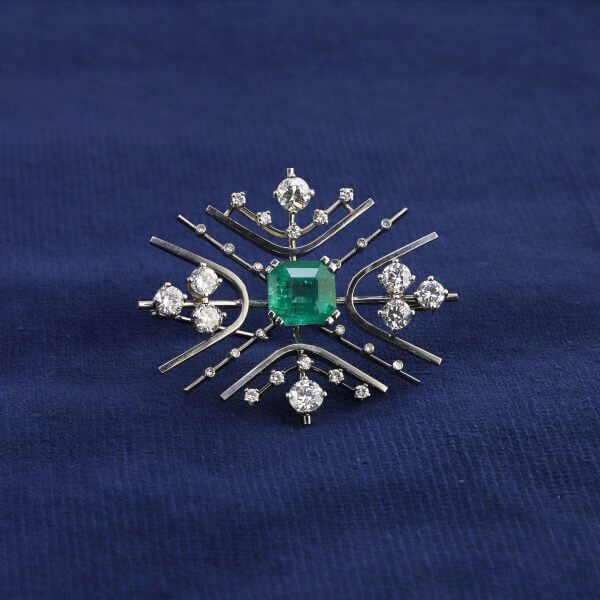Smaragd Diamant Brosche, Juwelier Binder. Zürich, 1970er Jahre