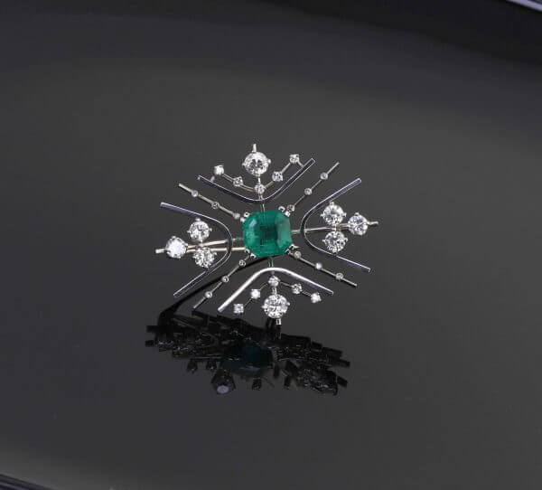 Smaragd Diamant Brosche, Juwelier Binder. Zürich, 1970er Jahre